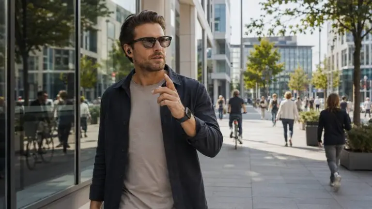 Man gebruikt AI gadgets voor mannen zoals slimme bril, oordopjes en smartwatch