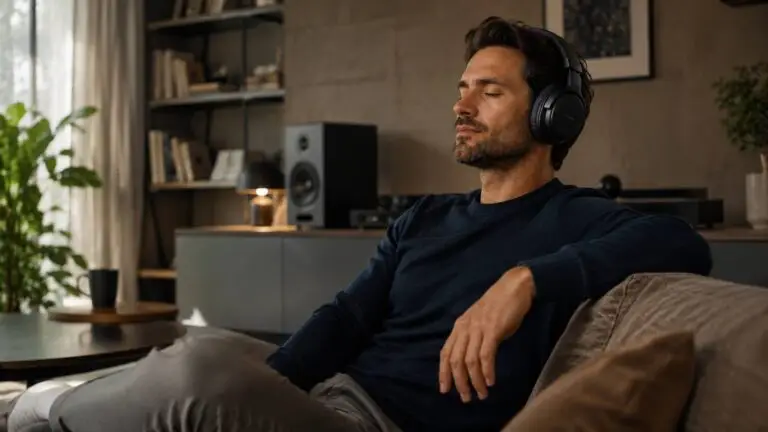 Man luistert naar muziek met premium draadloze audio gadgets voor mannen