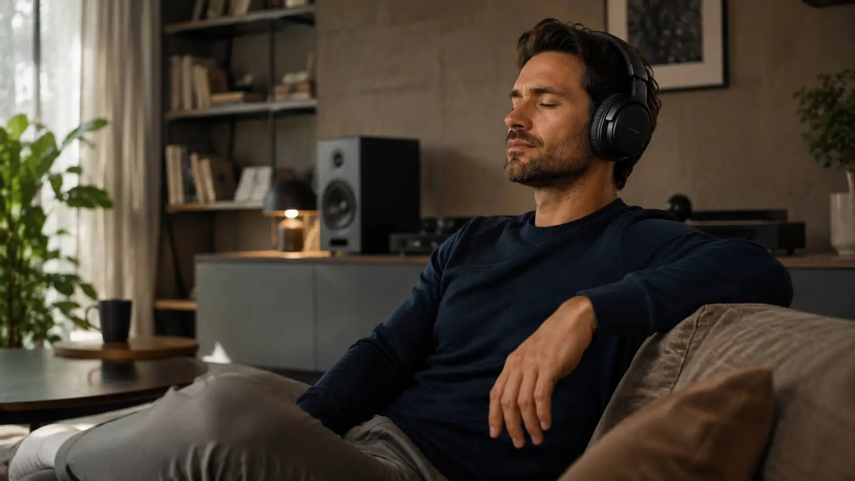 Man luistert naar muziek met premium draadloze audio gadgets voor mannen