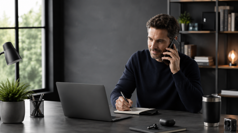 Man voert een telefoongesprek en maakt notities aan een moderne werkplek