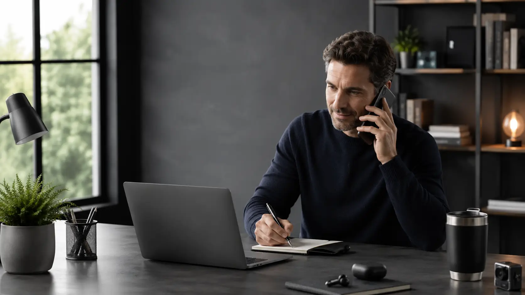Man voert een telefoongesprek en maakt notities aan een moderne werkplek