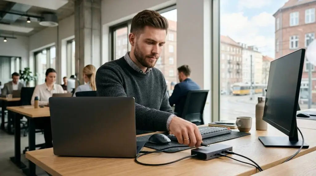 Laptop wordt met één USB-C-kabel aangesloten op een docking station