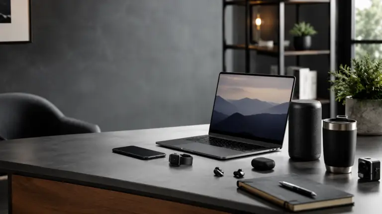Moderne werkplek met laptop, smartphone, smartwatch, draadloze oordopjes en slimme gadgets