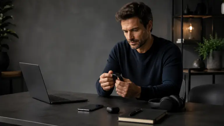 Man bekijkt een smartwatch aan een moderne werkplek met laptop en andere gadgets