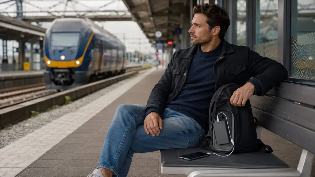 Powerbank voor reizen laadt een telefoon tijdens een treinreis
