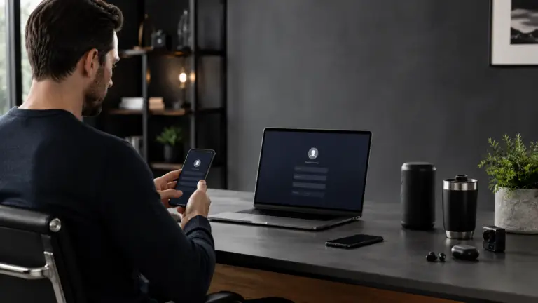 Man gebruikt laptop en smartphone om zich te registreren in een online omgeving