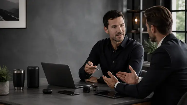 Twee professionals bespreken een samenwerking aan tafel met laptop, tablet en gadgets