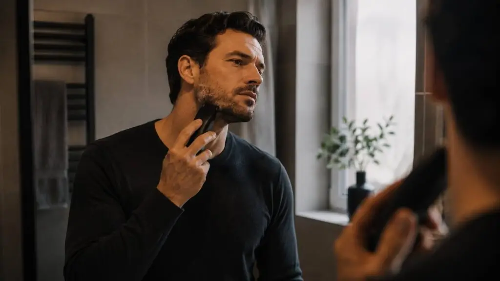 Man werkt zijn baard nauwkeurig bij met verzorgingsgadgets voor mannen